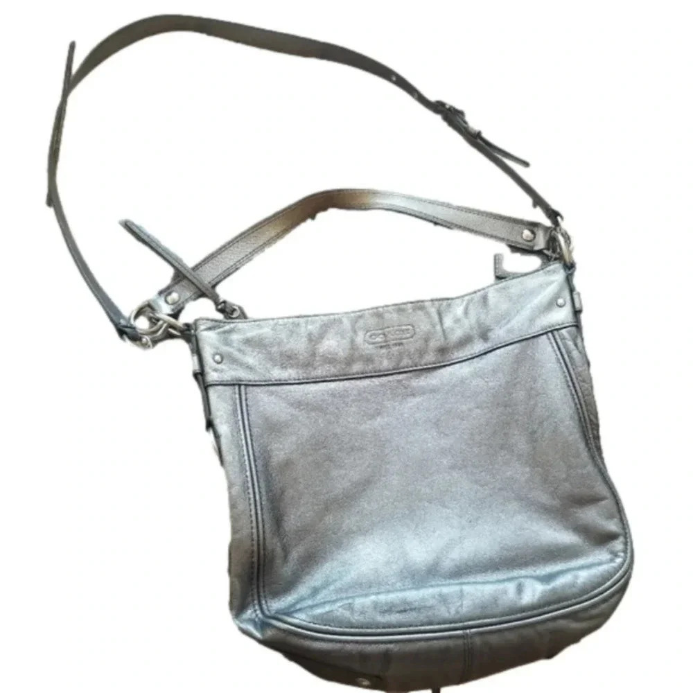 COACH Silver Grey Metallic Crossbody Purse Satchel Leather